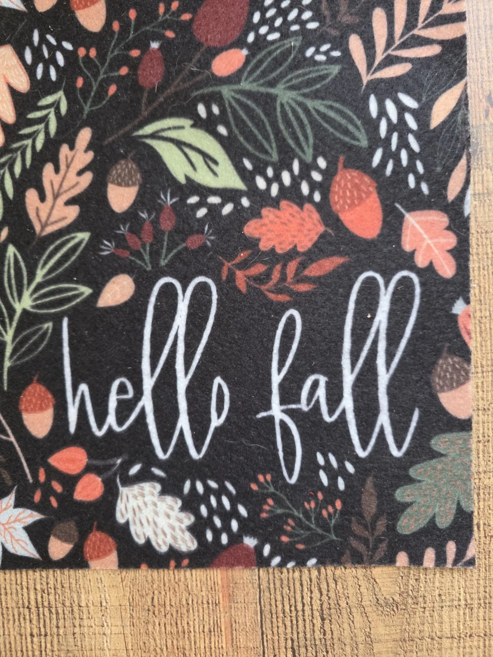 Hello Fall Doormat - Black with Colorful Autumn Leaves Acorns